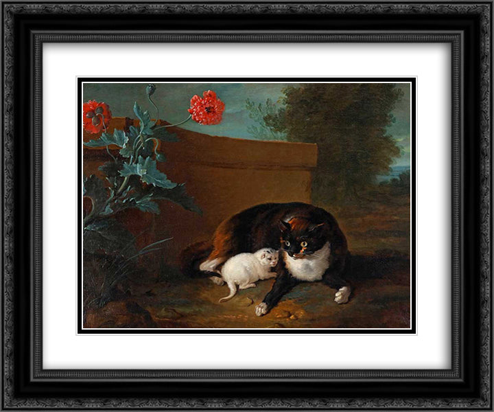 Chatte et chaton, et Chien et perroquet 24x20 Black Ornate Wood Framed Art Print Poster with Double Matting by Oudry, Jean Baptiste