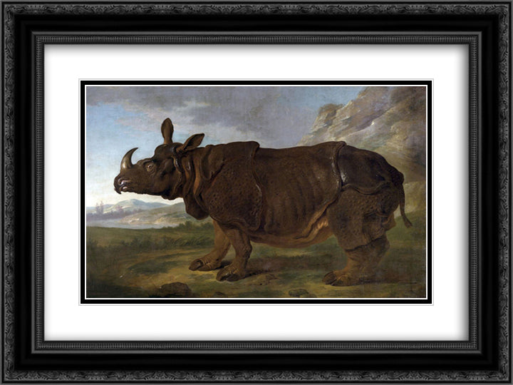 Clara the Rhinoceros 24x18 Black Ornate Wood Framed Art Print Poster with Double Matting by Oudry, Jean Baptiste