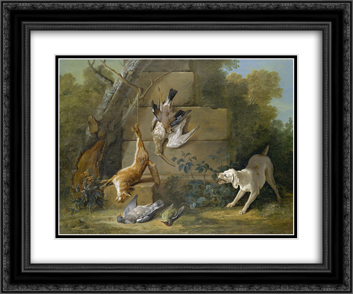 Dog Guarding Dead Game 24x20 Black Ornate Wood Framed Art Print Poster with Double Matting by Oudry, Jean Baptiste
