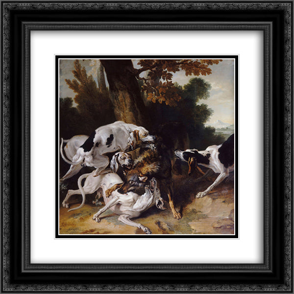 L'hallali du loup 20x20 Black Ornate Wood Framed Art Print Poster with Double Matting by Oudry, Jean Baptiste