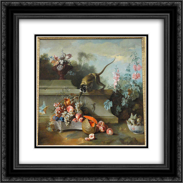 Still Life with Monkey, Fruits, and Flowers 20x20 Black Ornate Wood Framed Art Print Poster with Double Matting by Oudry, Jean Baptiste
