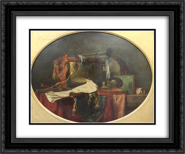 The instruments of military music 24x20 Black Ornate Wood Framed Art Print Poster with Double Matting by Chardin, Jean Baptiste Simeon