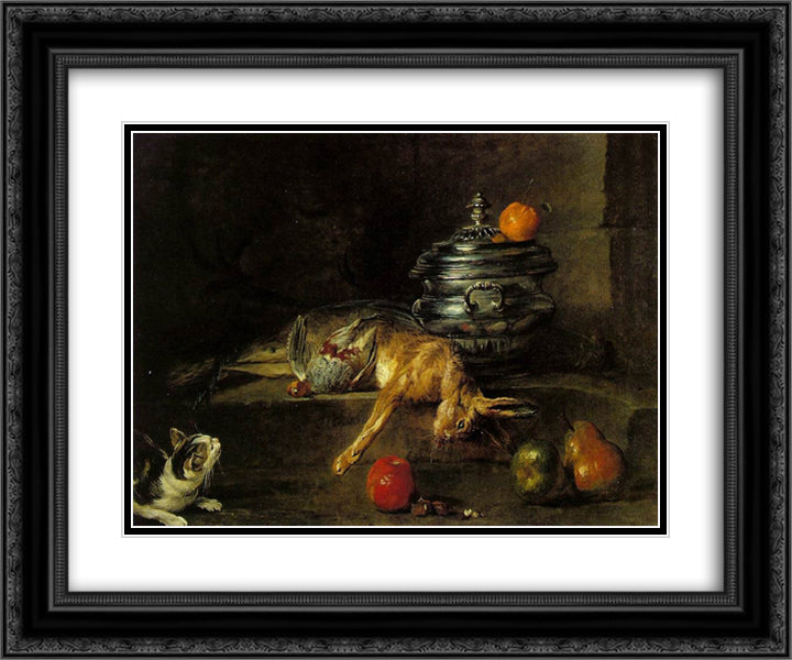 The Silver Tureen 24x20 Black Ornate Wood Framed Art Print Poster with Double Matting by Chardin, Jean Baptiste Simeon