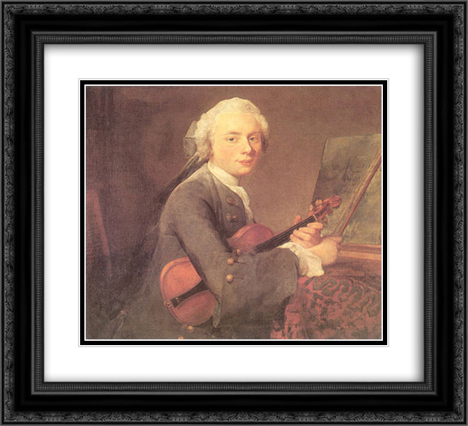 Young Man with a Violin (Portrait of Charles Theodose Godefroy) 22x20 Black Ornate Wood Framed Art Print Poster with Double Matting by Chardin, Jean Baptiste Simeon