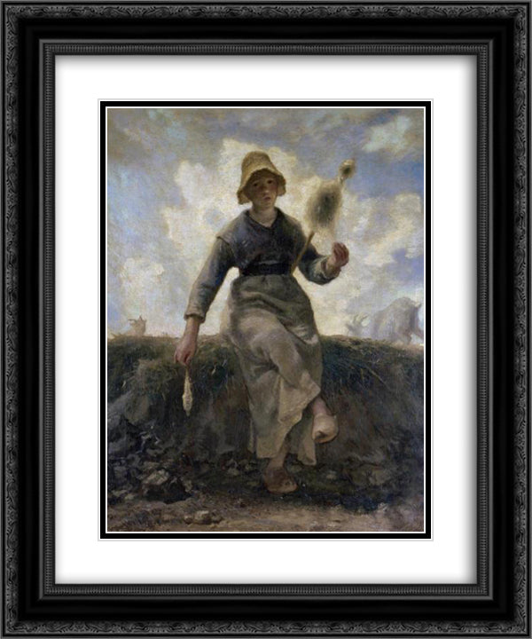 The Spinner, Goatherd of the Auvergne 20x24 Black Ornate Wood Framed Art Print Poster with Double Matting by Millet, Jean Francois