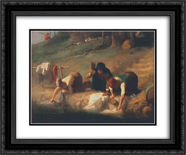 The Washerwomen 24x20 Black Ornate Wood Framed Art Print Poster with Double Matting by Millet, Jean Francois