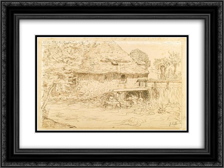 Water mill near Vichy 24x18 Black Ornate Wood Framed Art Print Poster with Double Matting by Millet, Jean Francois