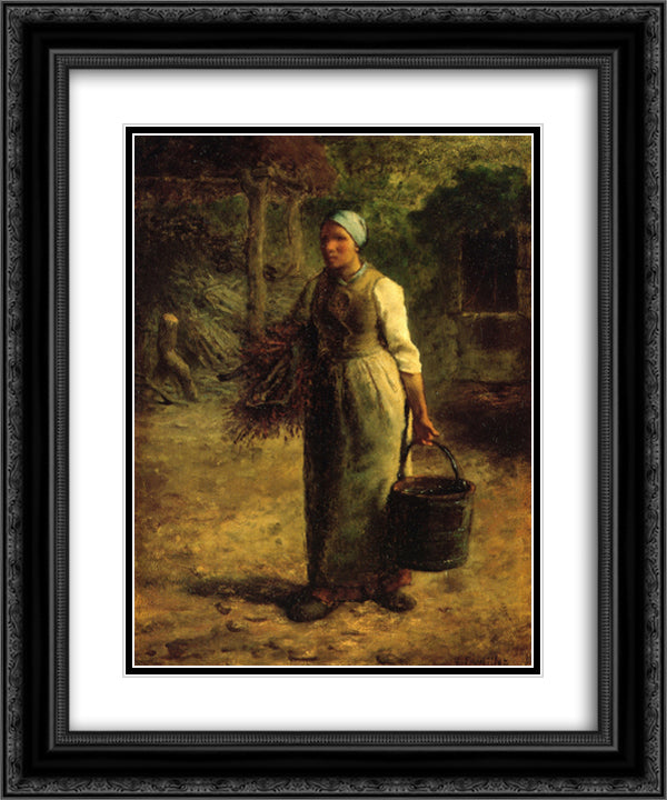 Woman Carrying Firewood and a Pail 20x24 Black Ornate Wood Framed Art Print Poster with Double Matting by Millet, Jean Francois
