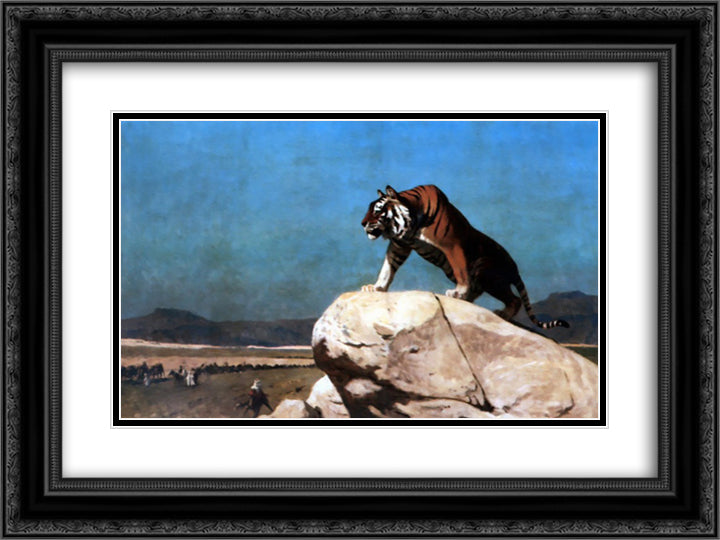 Tiger on the Watch 24x18 Black Ornate Wood Framed Art Print Poster with Double Matting by Gerome, Jean Leon
