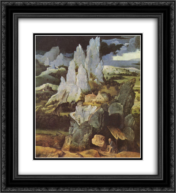 St. Jerome in Rocky Landscape 20x22 Black Ornate Wood Framed Art Print Poster with Double Matting by Patinir, Joachim