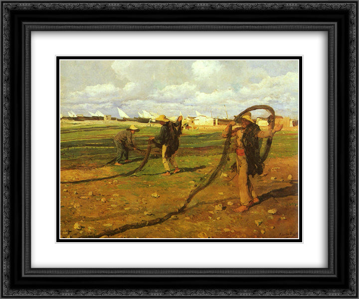 Fishermen pull in the nets 24x20 Black Ornate Wood Framed Art Print Poster with Double Matting by Sorolla, Joaquin