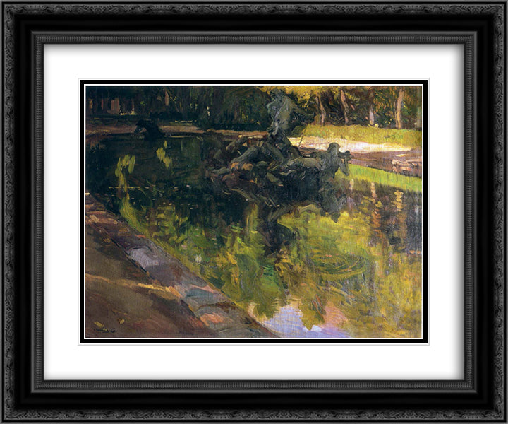 Fountain of Neptune, La Granja 24x20 Black Ornate Wood Framed Art Print Poster with Double Matting by Sorolla, Joaquin