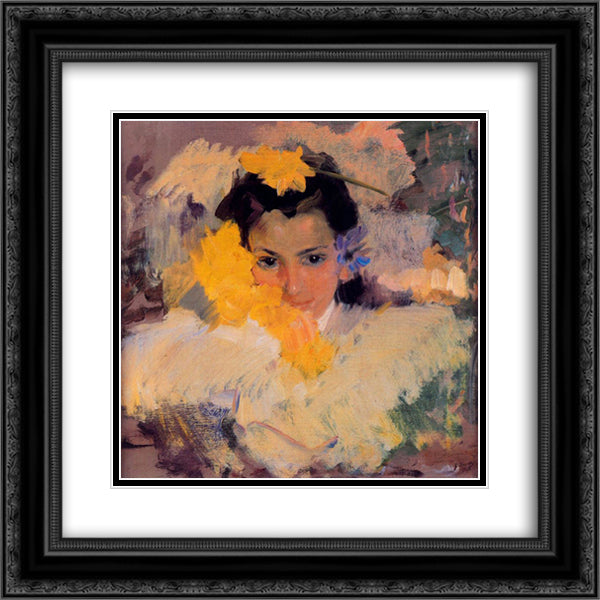 Girl with flowers 20x20 Black Ornate Wood Framed Art Print Poster with Double Matting by Sorolla, Joaquin