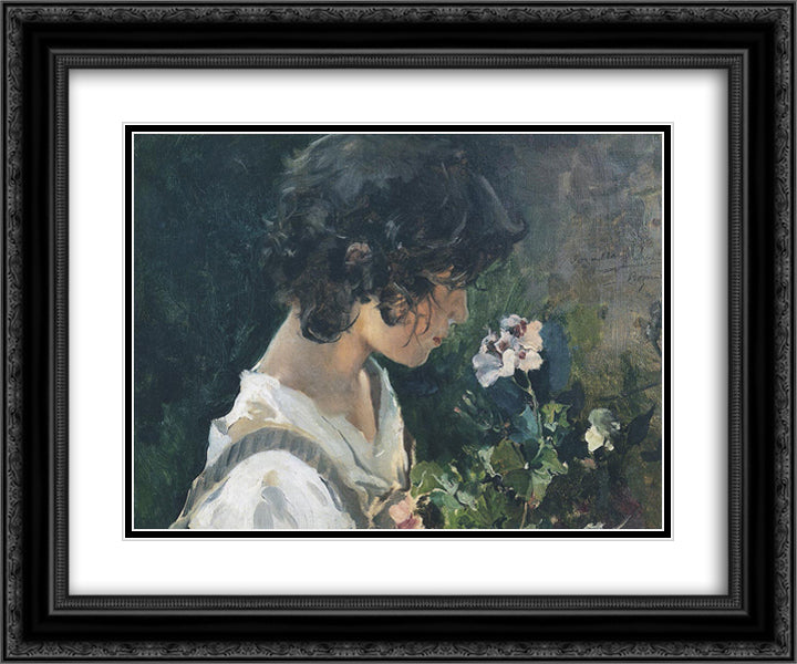 Italian Girl with Flowers 24x20 Black Ornate Wood Framed Art Print Poster with Double Matting by Sorolla, Joaquin