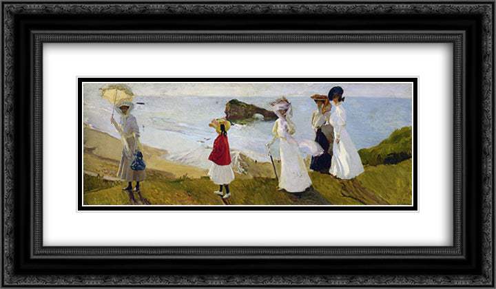 Lighthouse walk at Biarritz 24x14 Black Ornate Wood Framed Art Print Poster with Double Matting by Sorolla, Joaquin