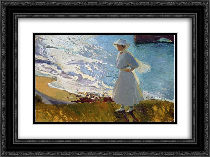 Maria at the Beach, Biarritz 24x18 Black Ornate Wood Framed Art Print Poster with Double Matting by Sorolla, Joaquin