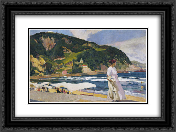 Maria on the beach, Zarauz 24x18 Black Ornate Wood Framed Art Print Poster with Double Matting by Sorolla, Joaquin