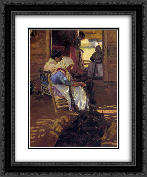 Mending nets 20x24 Black Ornate Wood Framed Art Print Poster with Double Matting by Sorolla, Joaquin