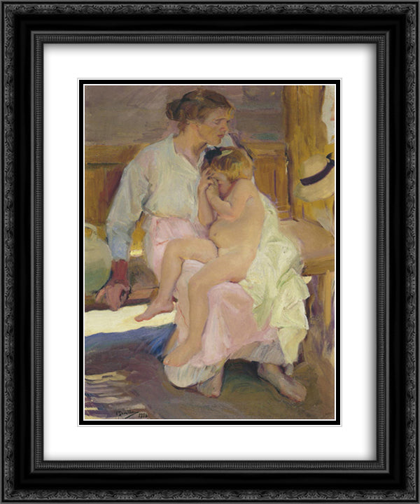 Mother and daughter, Valencia beach 20x24 Black Ornate Wood Framed Art Print Poster with Double Matting by Sorolla, Joaquin