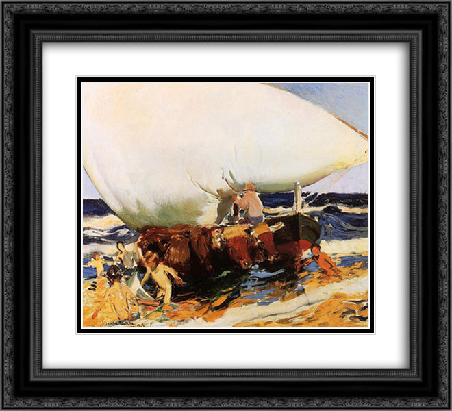 On the Beach, Valencia 22x20 Black Ornate Wood Framed Art Print Poster with Double Matting by Sorolla, Joaquin