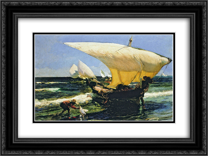 On the Coast of Valencia 24x18 Black Ornate Wood Framed Art Print Poster with Double Matting by Sorolla, Joaquin