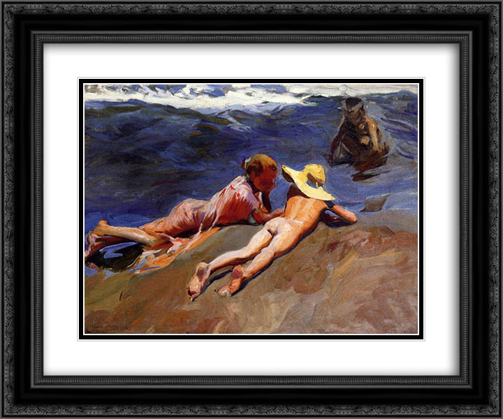 On the Sand, Valencia Beach 24x20 Black Ornate Wood Framed Art Print Poster with Double Matting by Sorolla, Joaquin