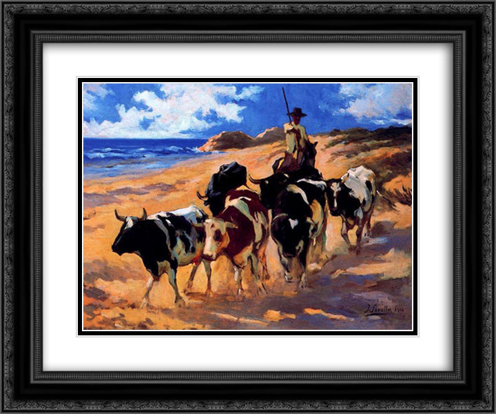 Oxen at the Beach 24x20 Black Ornate Wood Framed Art Print Poster with Double Matting by Sorolla, Joaquin