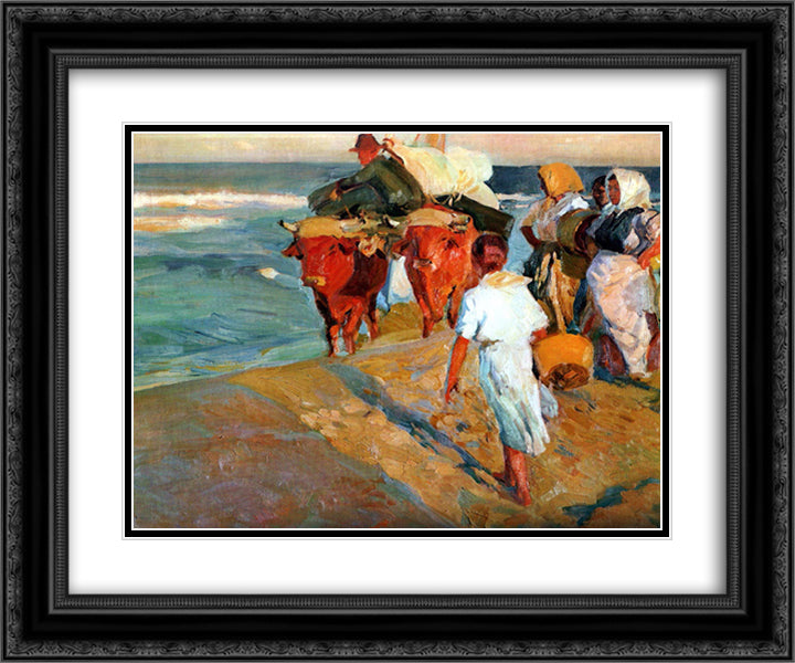 Pulling the Boat 24x20 Black Ornate Wood Framed Art Print Poster with Double Matting by Sorolla, Joaquin