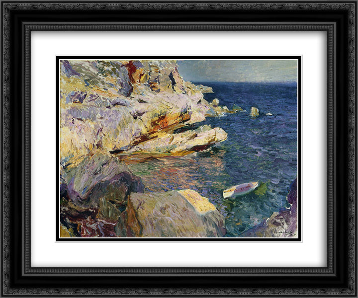 Rocks and white boat, Javea 24x20 Black Ornate Wood Framed Art Print Poster with Double Matting by Sorolla, Joaquin