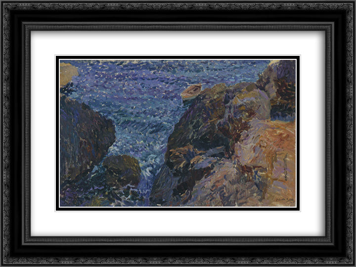 Rocks at Javea, The White Boat 24x18 Black Ornate Wood Framed Art Print Poster with Double Matting by Sorolla, Joaquin