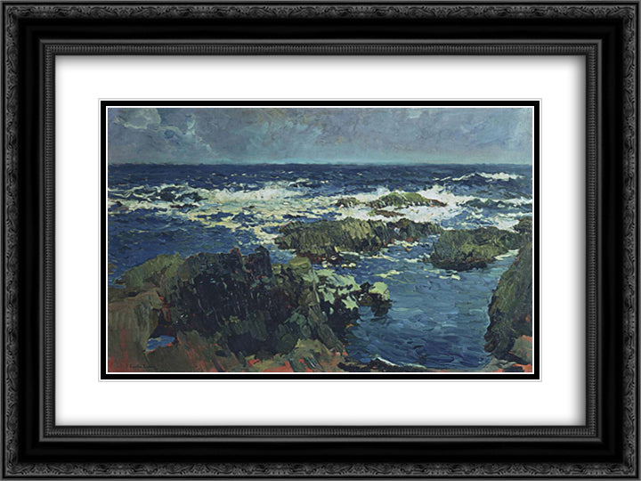 Sea and rocks in San Esteban, Asturias 24x18 Black Ornate Wood Framed Art Print Poster with Double Matting by Sorolla, Joaquin