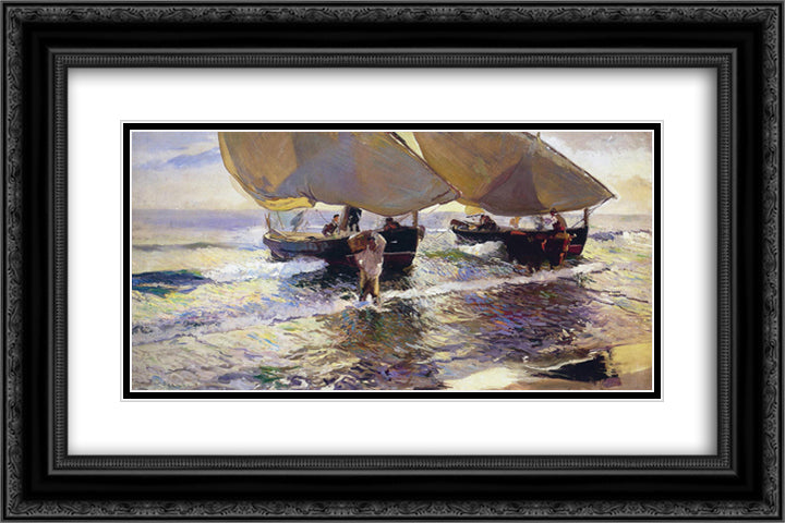 The arrival of the boats 24x16 Black Ornate Wood Framed Art Print Poster with Double Matting by Sorolla, Joaquin