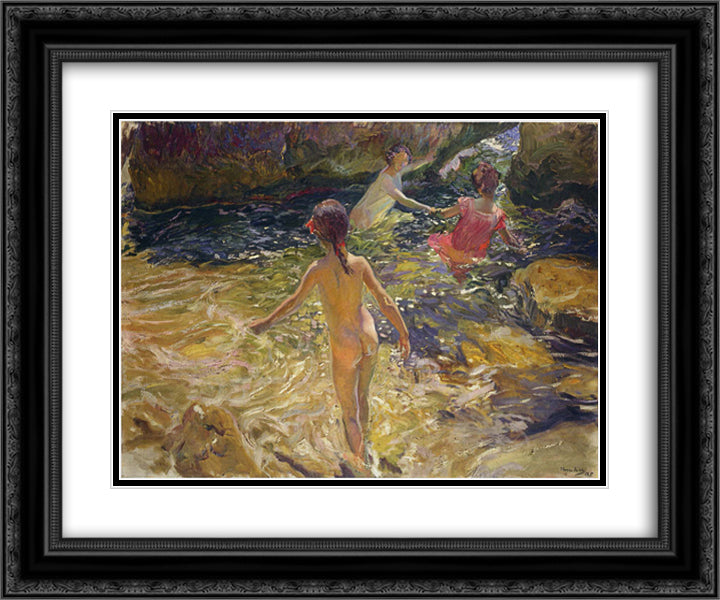 The bath, Javea 24x20 Black Ornate Wood Framed Art Print Poster with Double Matting by Sorolla, Joaquin