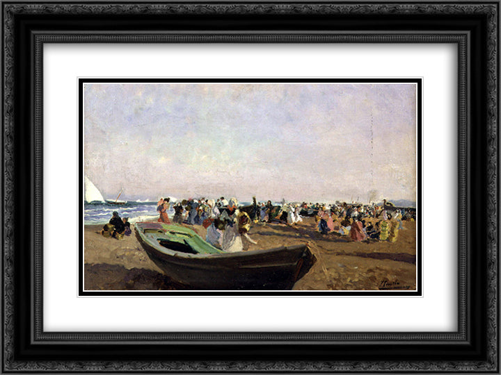 Valencia Beach. Fisherwomen. 24x18 Black Ornate Wood Framed Art Print Poster with Double Matting by Sorolla, Joaquin