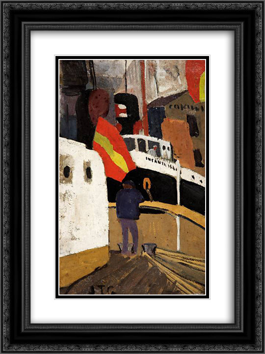 El Puerto de Barcelona 18x24 Black Ornate Wood Framed Art Print Poster with Double Matting by Torres Garcia, Joaquin