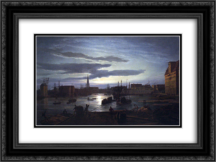 Copenhagen Harbour by Moonlight 24x18 Black Ornate Wood Framed Art Print Poster with Double Matting by Dahl, Johan Christian