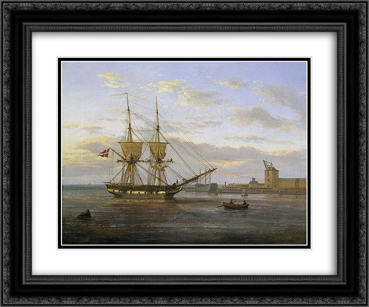 Entrance to the Port of Copenhagen 24x20 Black Ornate Wood Framed Art Print Poster with Double Matting by Dahl, Johan Christian
