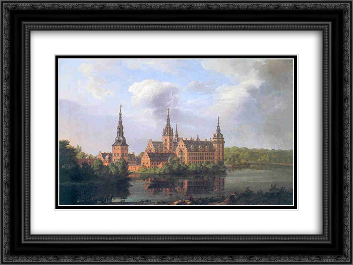 Frederiksborg Castle 24x18 Black Ornate Wood Framed Art Print Poster with Double Matting by Dahl, Johan Christian