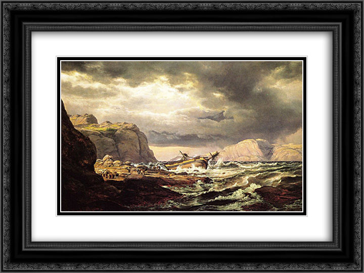 Shipwreck on the Coast of Norway 24x18 Black Ornate Wood Framed Art Print Poster with Double Matting by Dahl, Johan Christian