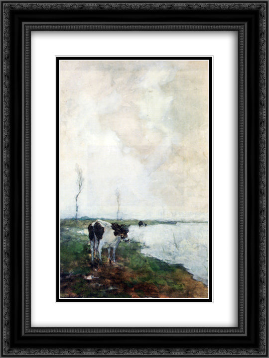 A Cow Standing By The Waterside In A Polder 18x24 Black Ornate Wood Framed Art Print Poster with Double Matting by Weissenbruch, Johan Hendrik