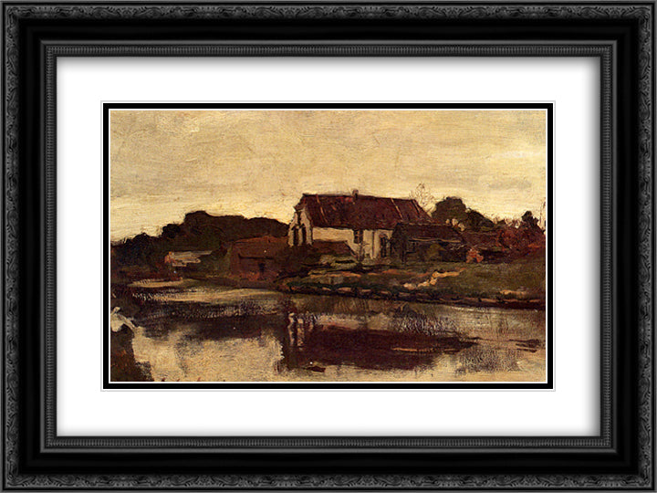 A Farm On The Waterfront 24x18 Black Ornate Wood Framed Art Print Poster with Double Matting by Weissenbruch, Johan Hendrik
