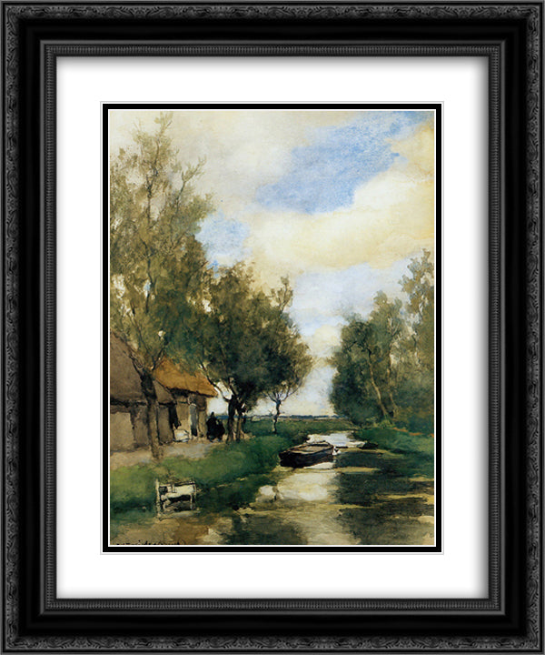 Farm on polder canal 20x24 Black Ornate Wood Framed Art Print Poster with Double Matting by Weissenbruch, Johan Hendrik
