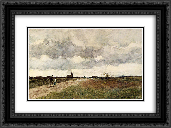 Figures On A Country Road, A Church In The Distance 24x18 Black Ornate Wood Framed Art Print Poster with Double Matting by Weissenbruch, Johan Hendrik