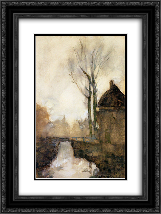 House near canal 18x24 Black Ornate Wood Framed Art Print Poster with Double Matting by Weissenbruch, Johan Hendrik