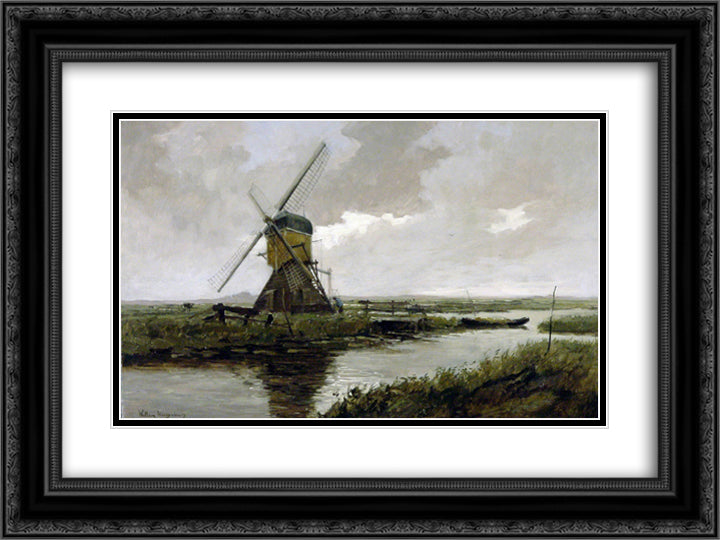Landscape with a mill 24x18 Black Ornate Wood Framed Art Print Poster with Double Matting by Weissenbruch, Johan Hendrik