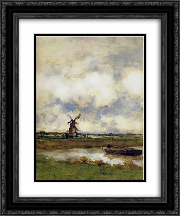 Man in a boat in a canal 20x24 Black Ornate Wood Framed Art Print Poster with Double Matting by Weissenbruch, Johan Hendrik