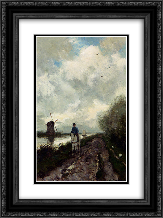 On The Tow Path Along The River Amstel 18x24 Black Ornate Wood Framed Art Print Poster with Double Matting by Weissenbruch, Johan Hendrik
