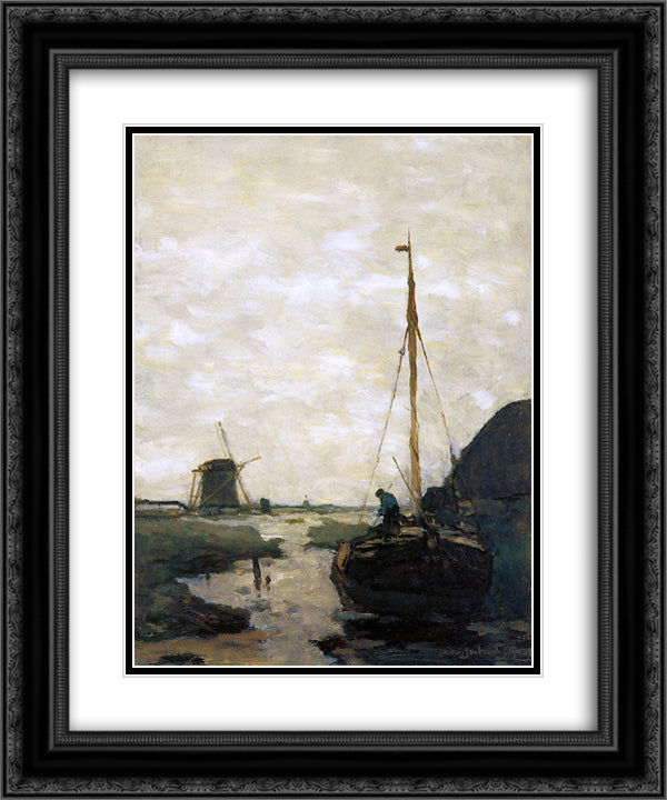 Ship in polder canal 20x24 Black Ornate Wood Framed Art Print Poster with Double Matting by Weissenbruch, Johan Hendrik