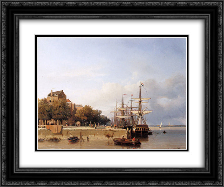 Ships on a quay 24x20 Black Ornate Wood Framed Art Print Poster with Double Matting by Weissenbruch, Johan Hendrik