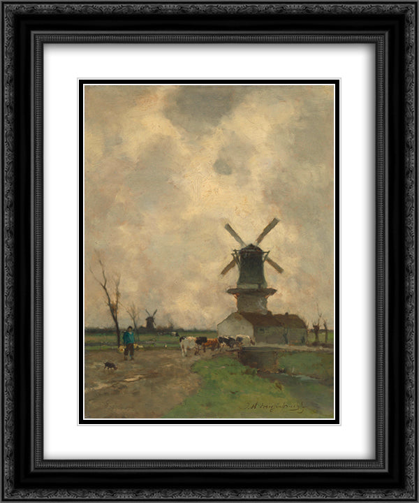 The Mill 20x24 Black Ornate Wood Framed Art Print Poster with Double Matting by Weissenbruch, Johan Hendrik